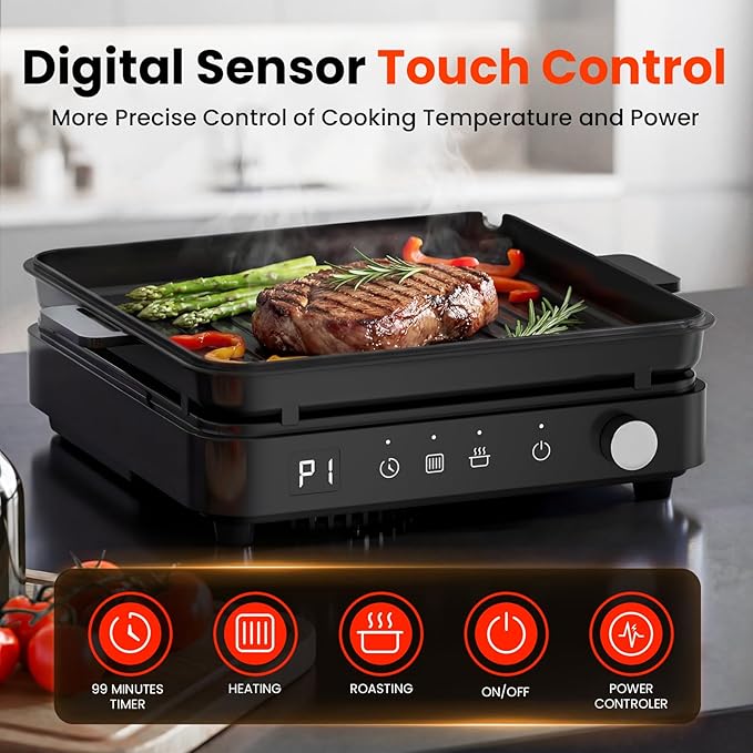 olayks Induction Cooktop, Portable Induction Cooktop with Removable Cast Iron Pot and Pan, 1500W Hot Plate Single Burner with 8 Power Levels, Adjustable Temp Control, 99 Min Timer