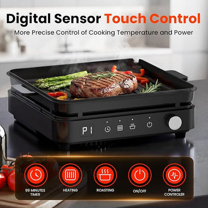 olayks Induction Cooktop, Portable Induction Cooktop with Removable Cast Iron Pot and Pan, 1500W Hot Plate Single Burner with 8 Power Levels, Adjustable Temp Control, 99 Min Timer