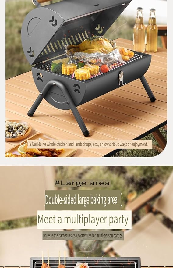Portable Charcoal BBQ Grill, 16.7x11.4x11.6 inches, Foldable Steel Construction with Ash Pan, Smokeless Design for Camping and Outdoor Cooking (Round oven [Black])