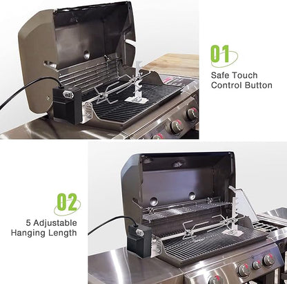 Dreyoo Universal Rotisserie Grill Kit, 360° Automatic Rotating Rotisserie Kit with 120V 4W Motor, 28'' Spit Rod, 2 x 4 Forks, Complete Holders and Fixing Screw for Backyard Camping Grills