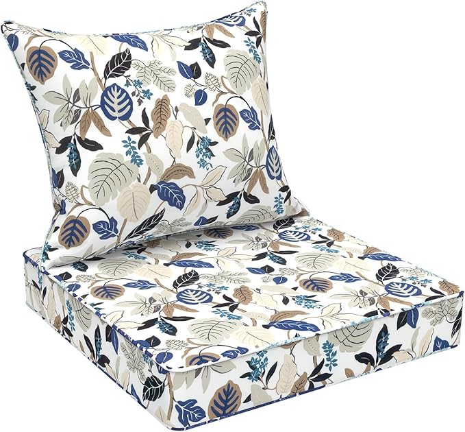 DYTXIII Outdoor Deep Seat Cushion Set, Water Repellent 24"x24" Patio Thick Cushions Replacement with Seat & Back Pillow for Patio Sofa, Wicker Chair, Couch - Breeze Leaves Beige