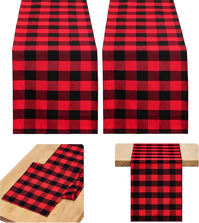 B-COOL Buffalo Plaid Table Runner Black Red Checked Table Runner 2 Packs 13x108 Inch Christmas Holiday Plaid Table Runners Xmas Table Decorations