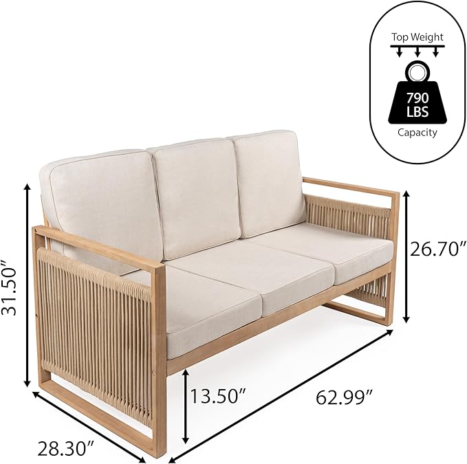 JONATHAN Y Gable Acacia Wood and Woven Rope 63" Outdoor Sofa, 3-Seater Patio Bench with Weather-Resistant Beige Cushions for Backyard and Porch, Bohemian Style, Light Teak Finish SFB1002A