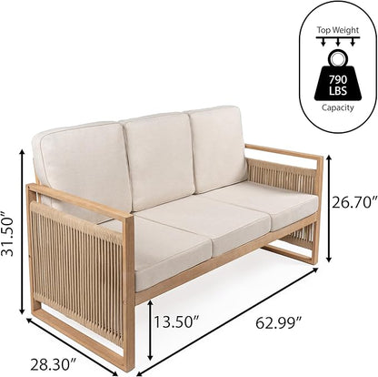 JONATHAN Y Gable Acacia Wood and Woven Rope 63" Outdoor Sofa, 3-Seater Patio Bench with Weather-Resistant Beige Cushions for Backyard and Porch, Bohemian Style, Light Teak Finish SFB1002A