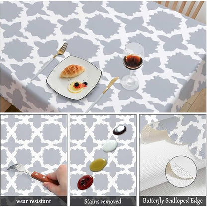 Swono Moroccan Gray White Table Covers 52x70 Inch Modern Geometric Quatrefoil Wipeable Tablecloth Kitchen Dinning Tabletop Decoration, Table Cloth for Outdoor and Indoor Use