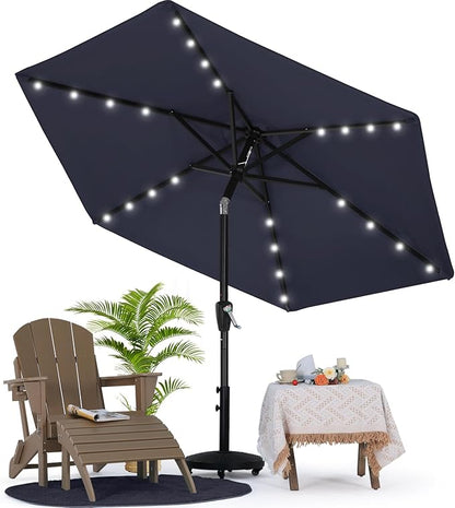 MASTERCANOPY 7.5FT 6Ribs Patio Umbrella with 32 Solar LED Lights, Outdoor Market Umbrella with Tilt & Crank, UV Protection & Fade Resistant Fabric, Easy Set-Up for Garden, Deck, Pool (Navy Blue)