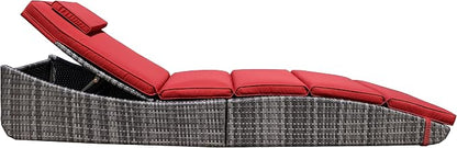 BTEXPERT Set of 2,Foldable Outdoor Chaise Pool Lounge Chair Folding Wicker Rattan Sun Bed Patio Couch Reclining Lounger Adjustable Padded Backrest Pillow Assembled - Red Burgundy