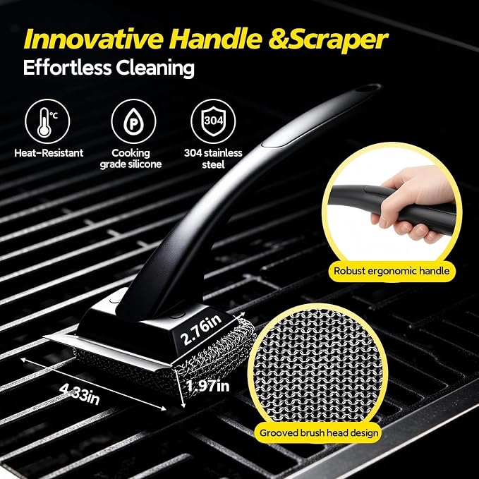 Bristle-Free Grill Brush & Scraper,Durable, Efficient and Extra Safe BBQ Cleaning Brush for Cast Iron and Stainless Steel Outdoor Grills(Fine Mesh)