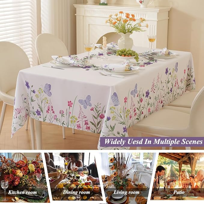 SASTYBALE Spring & Summer Floral Tablecloth 52 x 70 Inch Rectangular | Wildflower & Butterfly Printed, Rectangle Table Cover, Waterproof Spill Proof Wrinkle Free for Dining, Party, Indoor, Outdoor