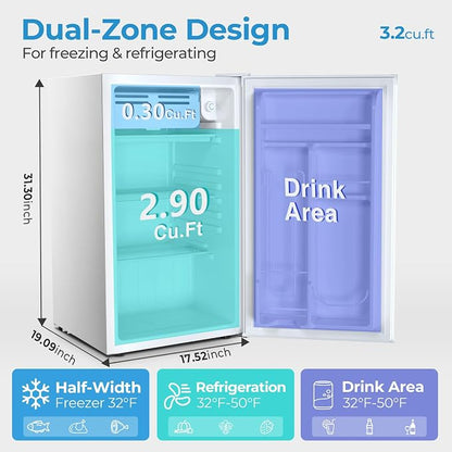 Antarctic Star 3.2 Cu.Ft. Mini Fridge with Freezer, Small Refrigerators with Adjustable Thermostat, Low Noise, Energy Saving, Compact Refrigerators for College Dorm, Office, Bedroom, Apartment, White