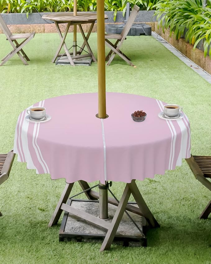 QueenKer Outdoor Tablecloth with Umbrella Hole, Farmhouse Pink White Stripe Round Tables Waterproof Tabletop Collection for Patio, Garden, Picnic, Camping, Dining 54R