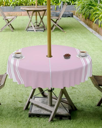 QueenKer Outdoor Tablecloth with Umbrella Hole, Farmhouse Pink White Stripe Round Tables Waterproof Tabletop Collection for Patio, Garden, Picnic, Camping, Dining 54R