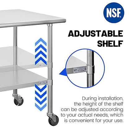 Hally Stainless Steel Table for Prep & Work 30 x 60 Inches with Caster Wheels, NSF Commercial Heavy Duty Table with Undershelf and Galvanized Legs for Restaurant, Home and Hotel