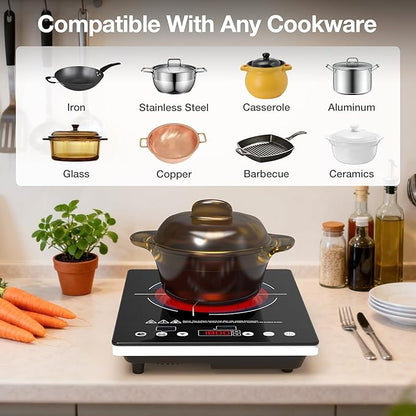 Electric Cooktop 110v,Single Burner Electric Stove Infrared Cooktop Hot Plate 1800W,4-Hour Setting,Black Crystal Glass Surface Compatible for All Cookware