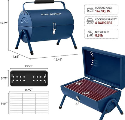 CC1015B Portable Charcoal Grill, 147 Sq. In. Cooking Area, with Four Air Vents, Lid Latch Buckle, Lid Handle, for Outdoor Backyard, Patio Parties and Picnics, Blue