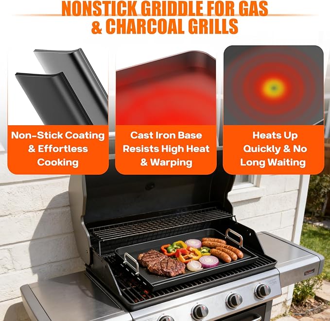 23" x 16" Portable Steel Nonstick Grill Griddle for Gas & Charcoal Grills, Flat Top BBQ Griddle Plate with Grease Groove & Removable Handle, Universal Fit for Outdoor & Home Cooking, Tailgating