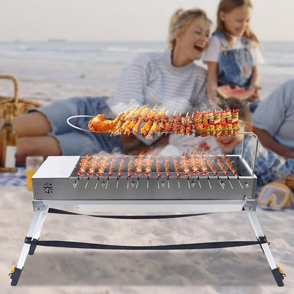 Free Standing Portable Stainless Steel Charcoal Grill USB Outdoor 17 Grill Slots for Outdoor BBQs, Camping, Tailgating & Travel Included Charcoal Grate & Fork (Silver)