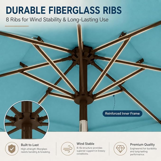 10ft Patio Umbrella, 3-Tier Vented Outdoor Table Umbrella with 8 Sturdy Fiberglass Ribs, Windproof Market Umbrella with Push Button Tilt and Crank, UV Protection for Deck, Pool, Sky Blue