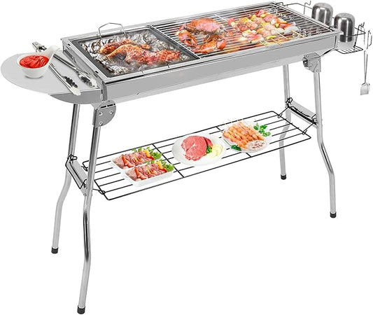 IMOUNTEK Portable Charcoal Grill, Foldable BBQ Grill, Barbecue Grill, Hibachi Grill Outdoor, Kabob Grill, Stainless Steel Charcoal Grill for Camping, Picnic, Patio, Travel, Silver, SKJ001