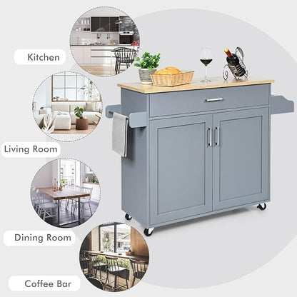 COSTWAY Kitchen Island On Wheels, Rolling Storage Trolley Cart | with Large Cabinet, Drawer, Spice Rack and Towel Rack, Kitchen Serving Utility, 3-Position Adjustable Shelf (Grey)