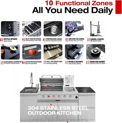 85" Modular Outdoor Kitchen Island with Grill and Side Burner, 4-Burner 72,000 BTU Propane BBQ Island, Sink & Two-Drawer Prep Station, for Backyard and Patio Cooking, Silver