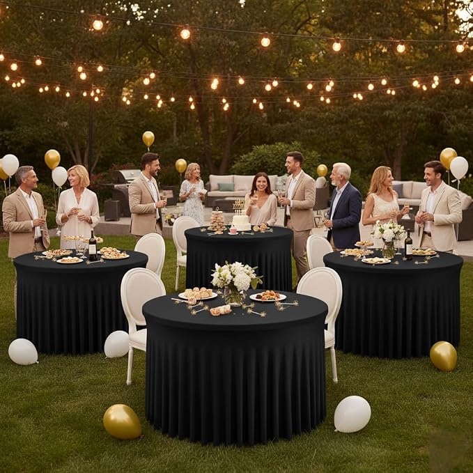 Fitted Black Spandex Table Skirts for Wedding Party,60 Inch Round,4 Pack | Spandex Table Covers, For 5 Ft Wedding Cake Tables, Wrinkle Resistant, Ruffle Design Banquets, Baby Showers, Parties