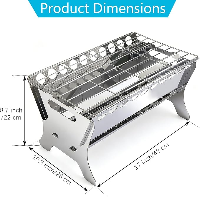 Portable Charcoal Grill, 17" All-Stainless Steel Detachable BBQ Grill, Small Charcoal Stove with Perforated Bottom Vents & Ash Tray, Disassembled Camping Grill