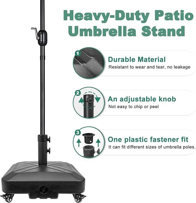 Patio Umbrella Base Heavy Duty with Wheels Square Market Stand for Outdoor 4 Locks 2 Knobs 125lb Capacity, Black