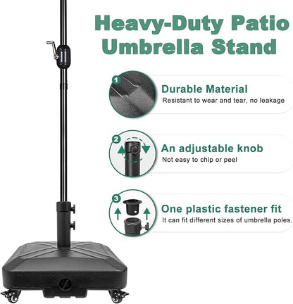 Patio Umbrella Base Heavy Duty with Wheels Square Market Stand for Outdoor 4 Locks 2 Knobs 125lb Capacity, Black