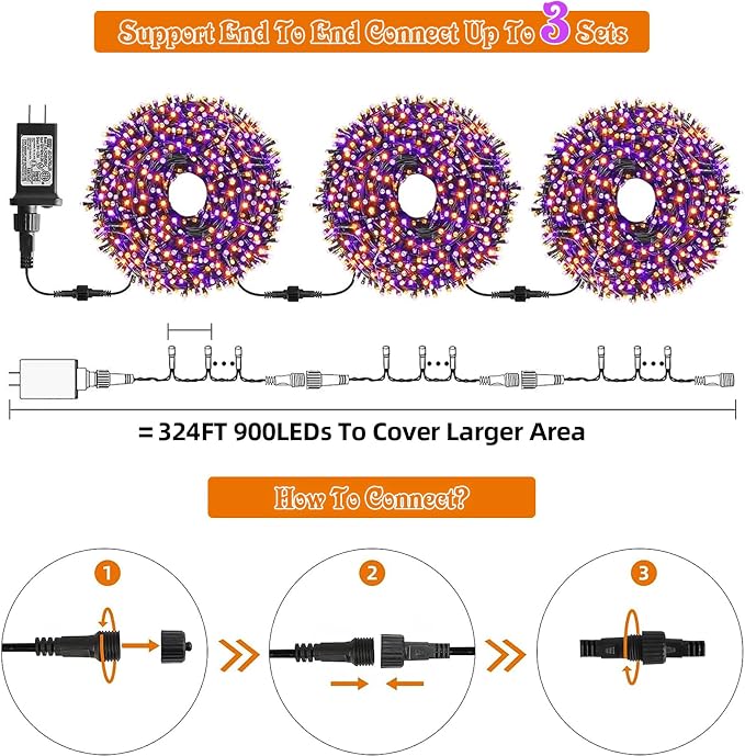 MZD8391 105FT 300LED Halloween Light, Orange Purple Christmas Light & Music | Play 4 Spooky Music, Waterproof, 100% UL Listed, Halloween String Lights Outdoor Indoor, 6 Light Mode, End To End Connectable