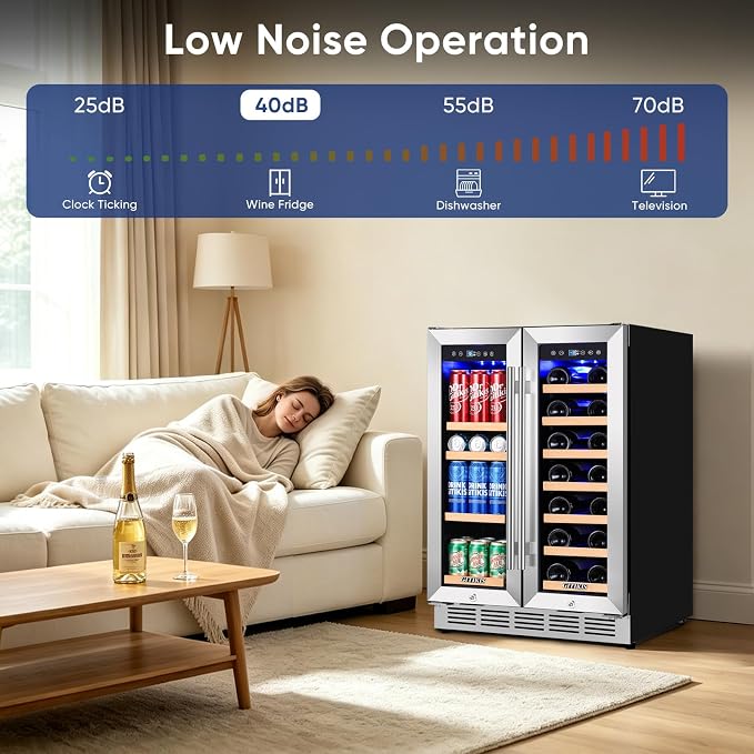 24 Inch Built-in Wine and Beverage Refrigerator Dual Zone | Under Counter Wine Fridge with Glass Door, Digital Touch Panel with °C/°F Switch, Low Noise Cooling for Kitchen, Home Use