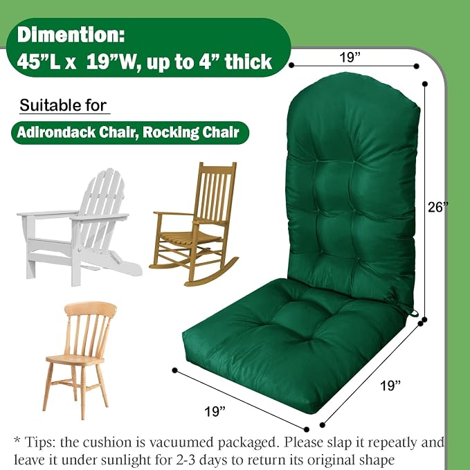 Adirondack Chair Seat Cushion for Outdoor Patio Wicker Porch Furniture | Waterproof cover with straps, PP cotton, high back thick seat pad for adirondack rocking chair lawn indoor outdoor 44x19x4