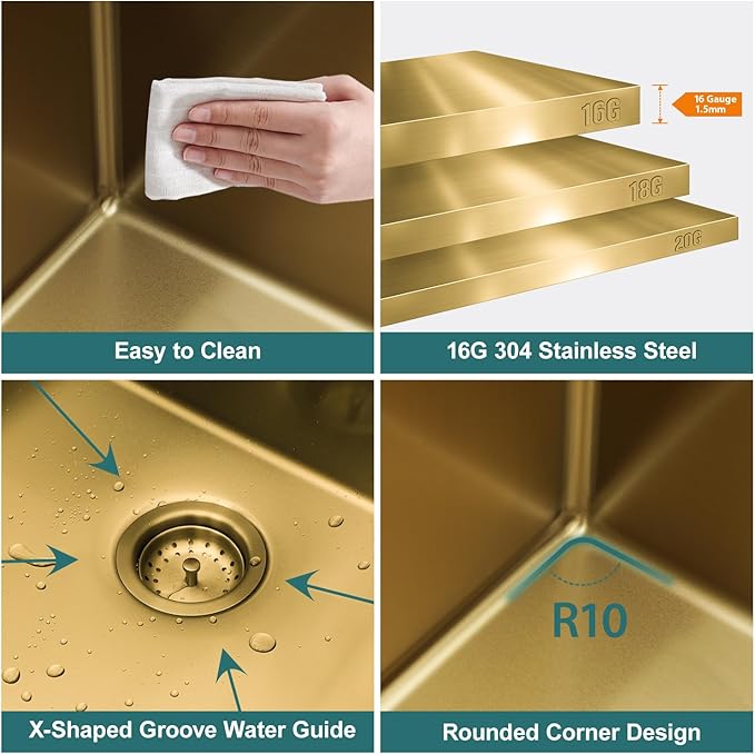Undermount Gold Bar Sink 12"x15" Workstation Undermount Small Kitchen Sink Small Wet Bar Sink 16 Gauge Stainless Steel for RV Kitchen, LKU0212159G