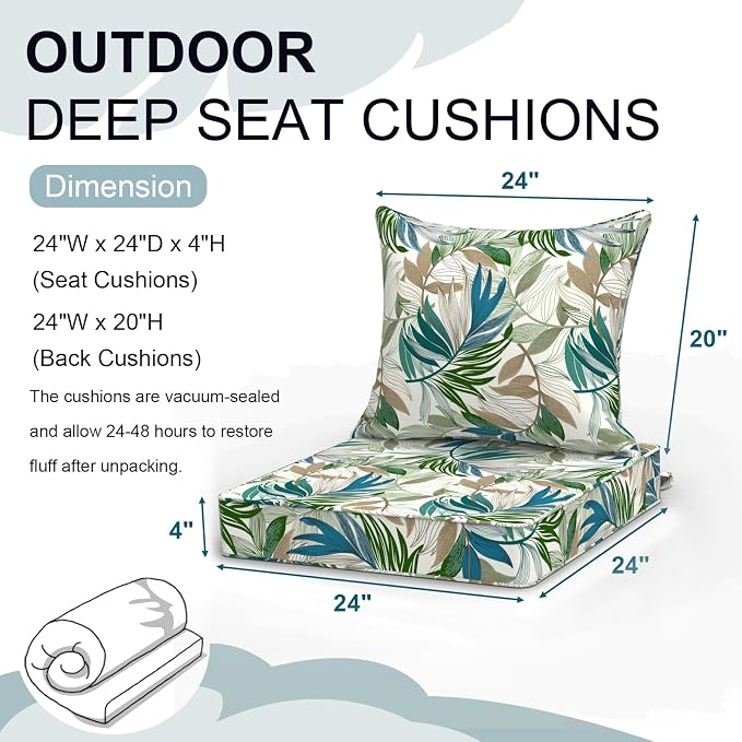 DYTXIII Outdoor Deep Seat Cushion Set, Water Repellent 24"x24" Patio Thick Cushions Replacement with Seat & Back Pillow for Patio Sofa, Wicker Chair, Couch - Lush Leaf Green
