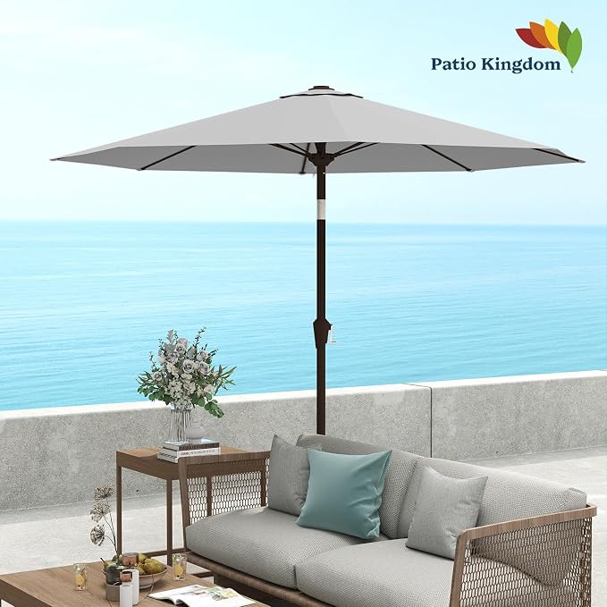 9FT Patio Umbrella Outdoor Table Umbrella w/Push Button Tilt and Crank, 8 Sturdy Ribs, UV Resistant Waterproof Market Umbrella for Pool, Deck, Backyard, Garden, Light Gray