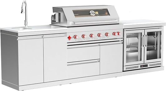 SERA C 6-Burner Propane 3-Piece Outdoor Kitchen with Sink Fridge | 87900BTU + infrared back burner, 115L double fridge, dual sink with pull-out faucet, 304 stainless steel, locking casters