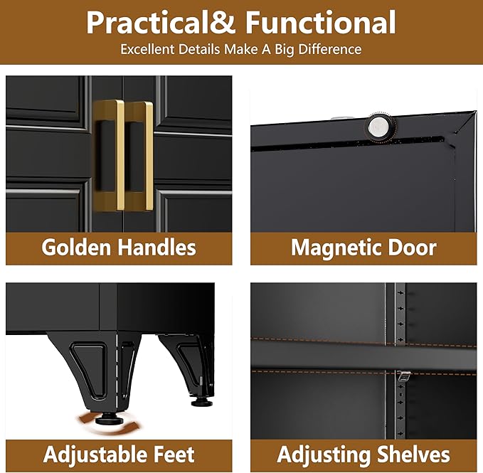 Polup Kitchen Pantry Cabinet, Metal Food Pantry cabinets with Doors and Shelves, 90" Tall Storage Cabinet for Dining, Living Room, Black, 16" D x 32" W x 90" H, Assembly Required