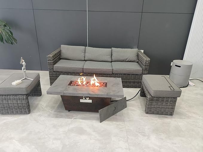 42x24 Inch Rectangle Propane Fire Pit Table 50000 BTU Cement-Imitating Outdoor Patio Heater with Lid & Volcanic Rock, Modern Fire Table for Backyard Garden