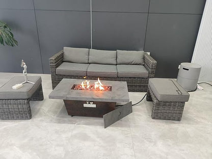 42x24 Inch Rectangle Propane Fire Pit Table 50000 BTU Cement-Imitating Outdoor Patio Heater with Lid & Volcanic Rock, Modern Fire Table for Backyard Garden