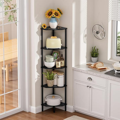 Black Corner Shelf, Industrial 5-Tier Corner Bookshelf, Plant Display Shelf, Free Standing Shelf Storage Organizer, Small Bookcase for Small Spaces, Bedroom, Living Room, Office, Kitchen