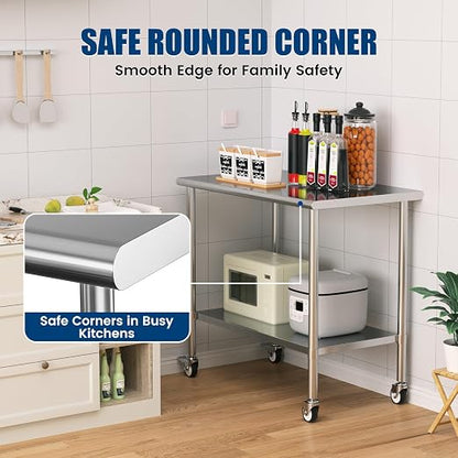 Stainless Steel Work Table with Wheels, 24x48 Inch NSF Kitchen Prep Table with Adjustable Undershelf for Commercial Restaurant, Garage, Outdoor BBQ