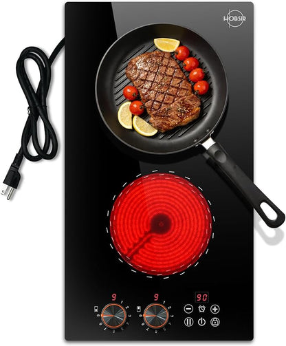 2 Burner Electric Cooktop 110v Hobsir, 2000W Electric Stove Top Burner 12 Inch, 9 Power Levels, Knob & Touch Control, Plug in Cooktop 120v, 99 Mins Timer, Safety Lock, Automatic shutdown