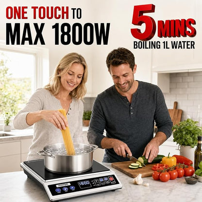 Induction Cooktop Portable Induction Burner Countertop One-Touch Max Power 1800W, 12-Hour Timer Precise Temperature Control Stainless Steel Hot Plate Low-Noise Electric Cooktop for Home-Regular