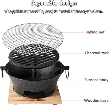 Removable Round Charcoal Barbecue Grill Hibachi Grill Portable Desk Tabletop BBQ Grill with Handle Wooden Anti-scalding Baseplate for Camping Picnics Garden Beach Party(Large)