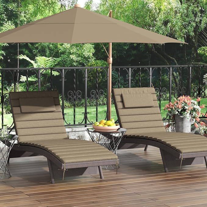 Sundale Outdoor Olefin Quilted Lounge Cushion Set of 4, Patio Foldable Chaise Lounger Cushion, Water-Resistant Lounge Chair Pad with Straps Khaki, 80 x 26 inches