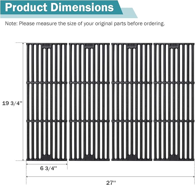 Criditpid Grill Grates for Char Griller 5050, 3001, 2121, 5650, 5072, 2123, 2828, 3072, 3030, 3008, 4000, 19 3/4" Cast Iron Cooking Grate Replacement Parts for Chargriller 5050, King Griller, 4-Pack