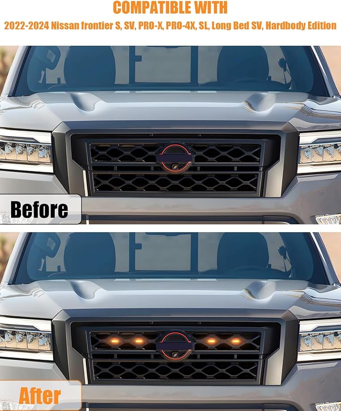 Seven Sparta LED Grill Lights Compatible with 2022-2024 Nissan Frontier S SV PRO-X PRO-4X SL Long Bed SV Hardbody Edition OEM Grille, Nissan Frontier Accessories (Black Shell with Amber Lights)