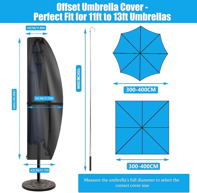 Cantilever Patio Umbrella Cover 900D Waterproof for 11-13ft Offset Umbrella | 900D Oxford Fabric, Heavy Duty Waterproof, Top Vent, Hem Drawstring, Telescopic Pole, Fits 11-13ft Outdoor Umbrella