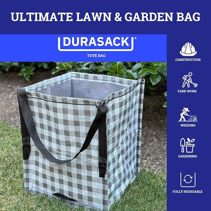DURASACK Heavy Duty Storage Tote Bag 22-Gallon, Gingham Gray, Pack of 4 | Rugged Woven Polypropylene Moving Bag, Reusable Self-Standing Design, Holds up to 500 Pounds