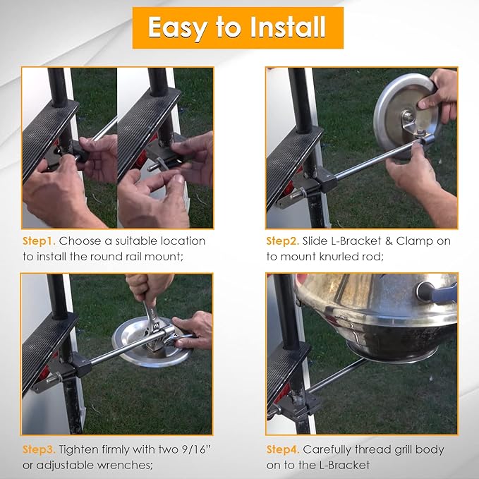 Round Rail Grill Mounting Hardware Kit for Standard 7/8" or 1" Rails, Compatible with All Kettles Grill A10-080